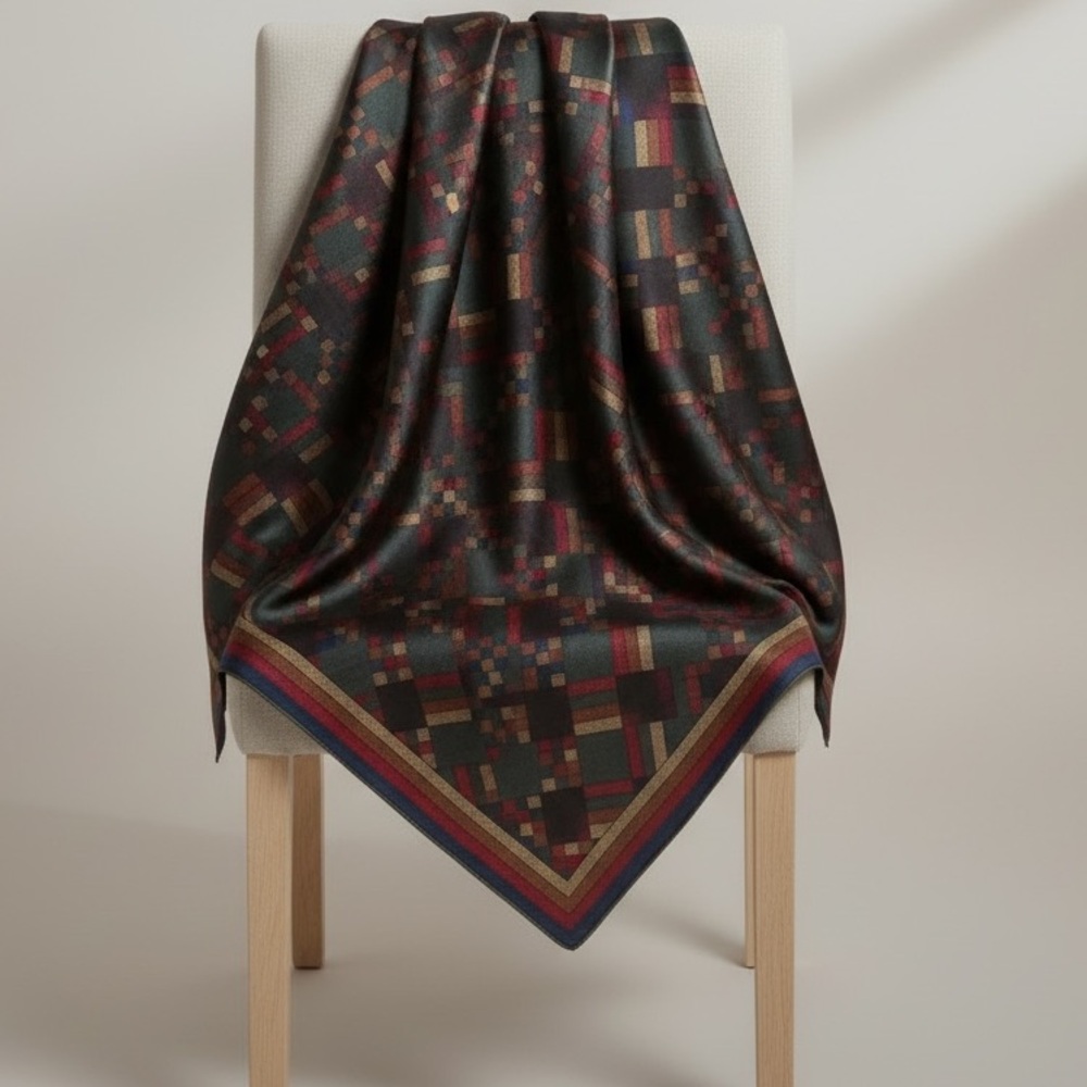 Vintage Silk Scarf Geometric Plaid Abstract Design Multicolor Classic Square